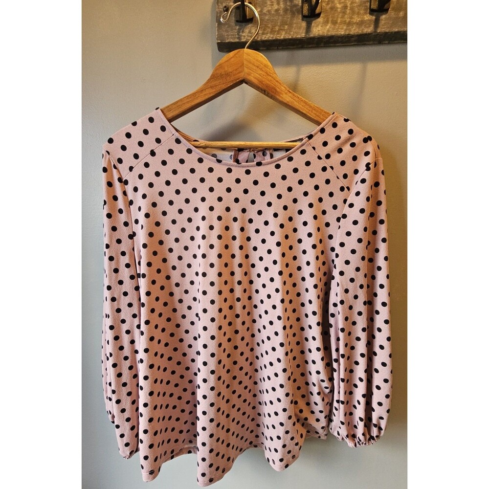 Adrianna Papell Womens Blouse Top XL Pink Black Polka Dot Long Sleeve Cottage
